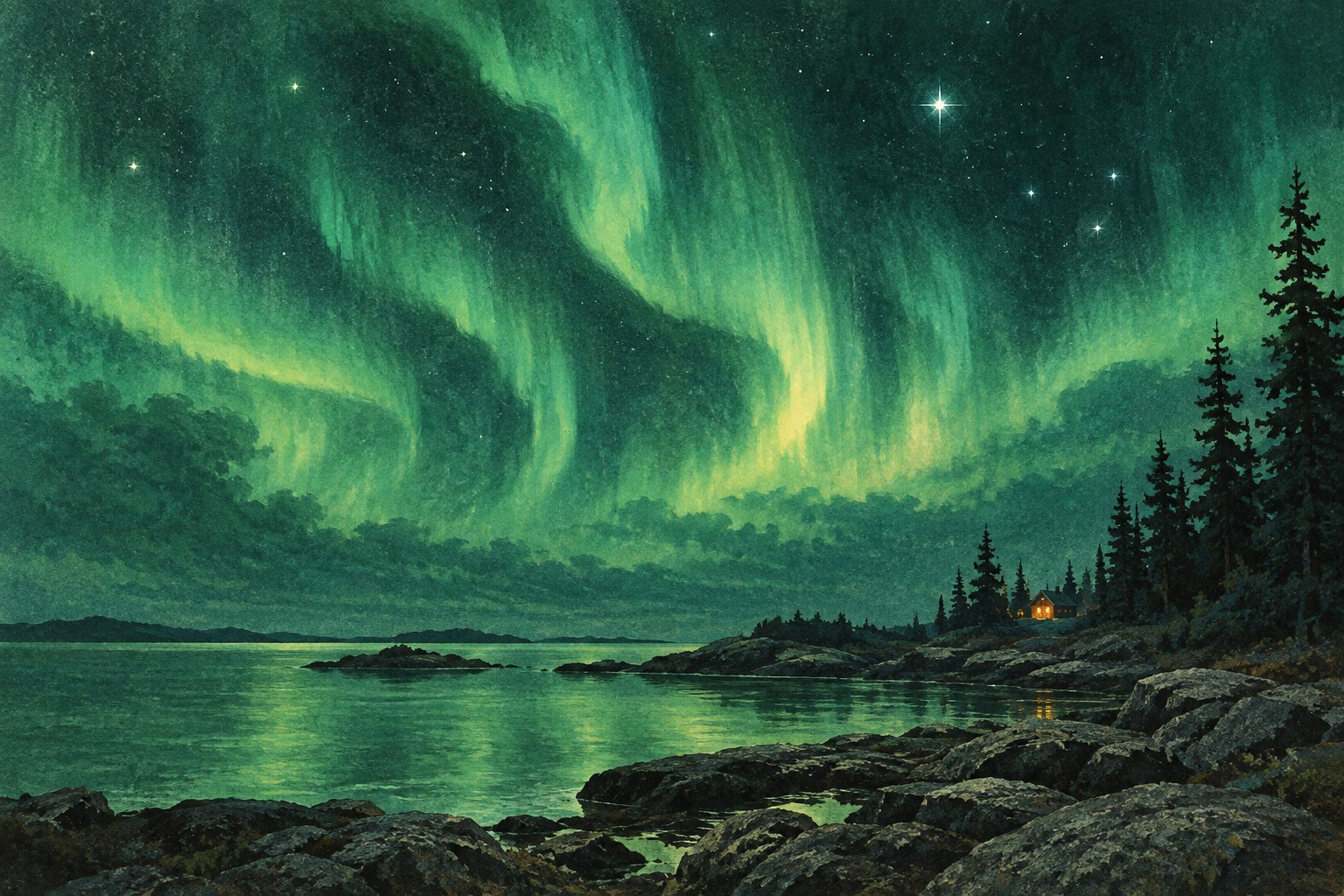 Illustrated Canadian shoreline beneath a green aurora and a star-filled sky